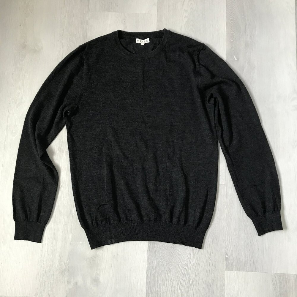 REISS WOMENS 100% WOOL SWEATER CHARCOAL BLACK LONG SLEEVE PULLOVER LARGE